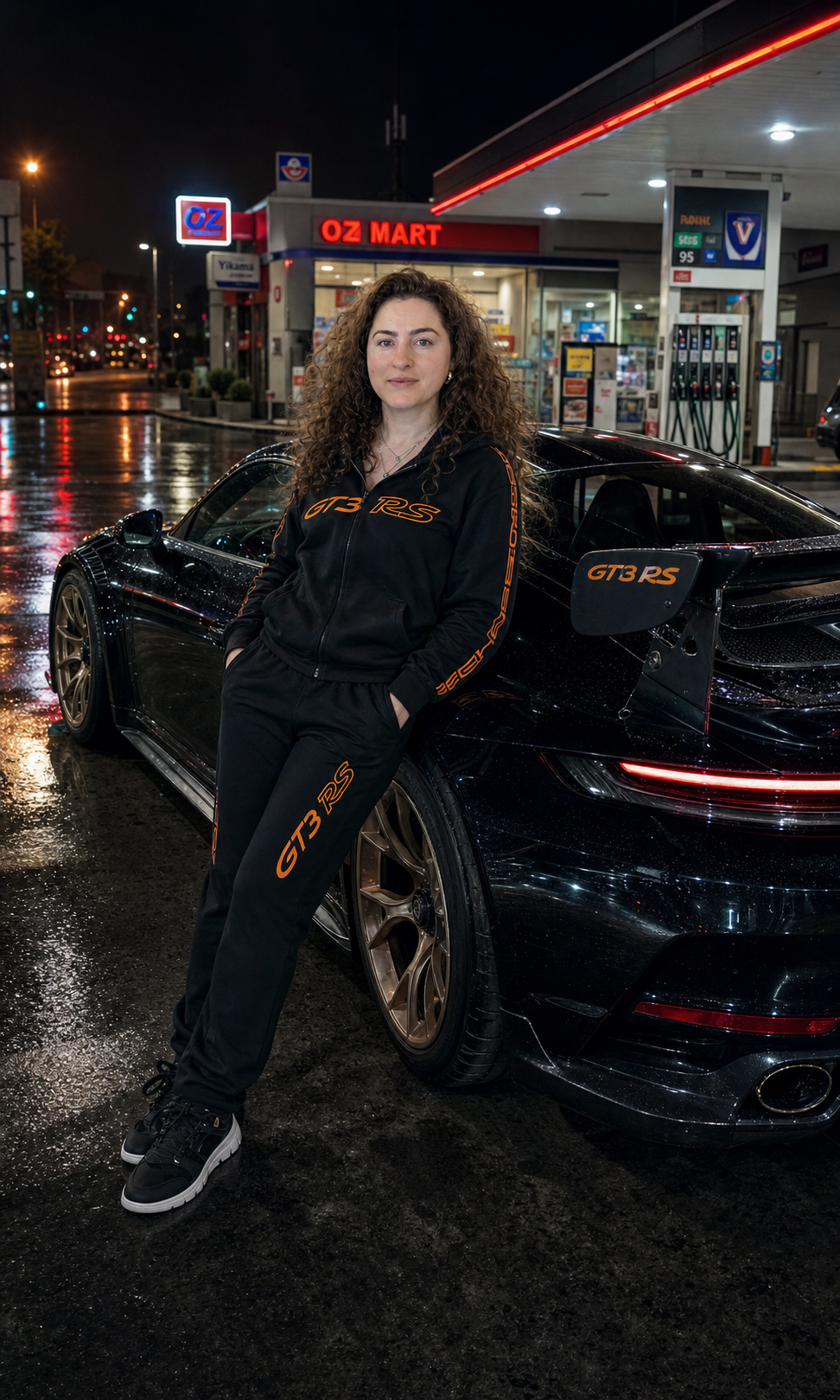 Woman & Porsche at Night Gas Station — result example